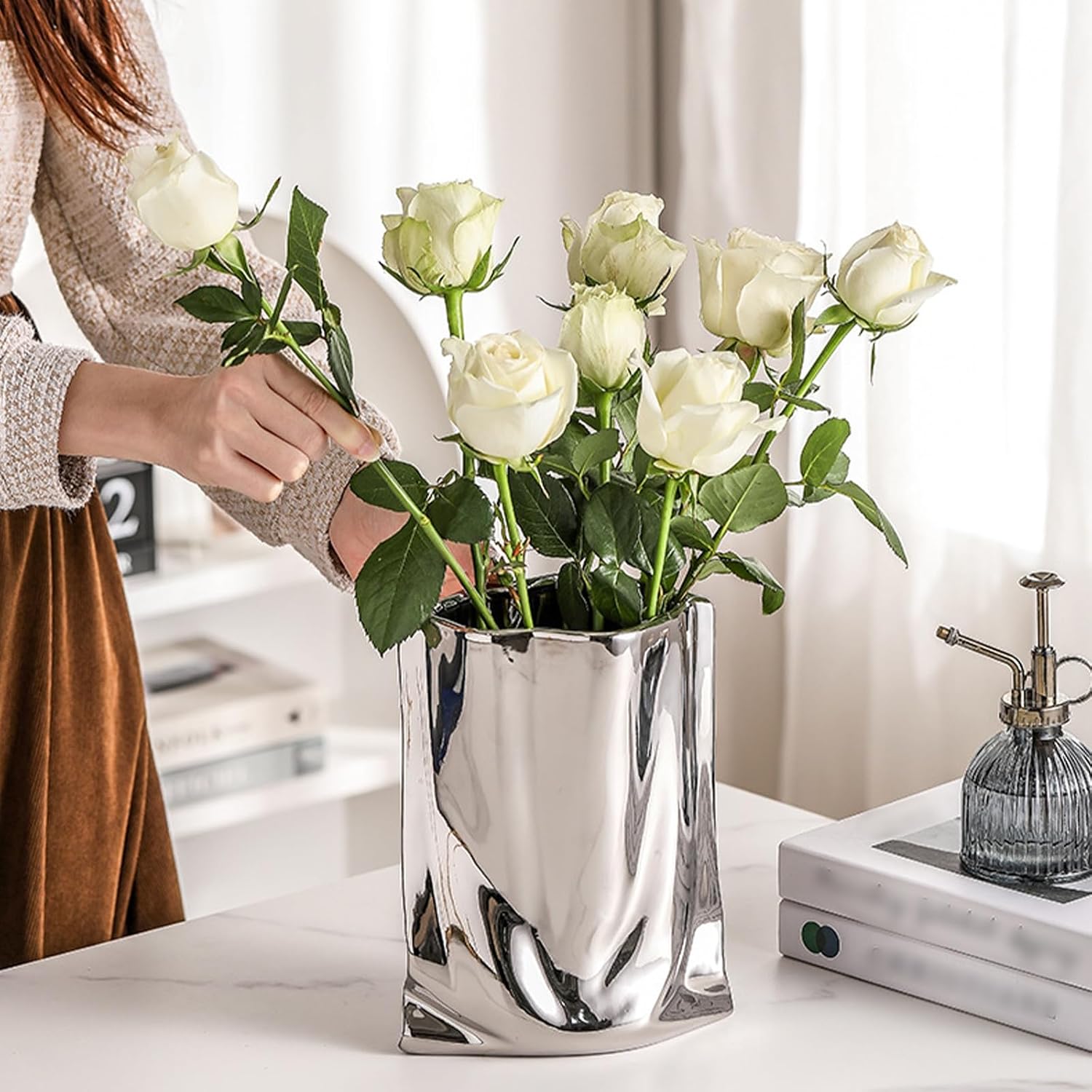 Liquid Chrome Ceramic Vase,5.32’’L&7.10’’H Textured Silver Flower Vase,Silver Vase,Chrome Flower Vase,Modern Wide Mouth Paper Bag Shape Metallic Vase,Chrome Home Decor for Table Mantel,Living Room