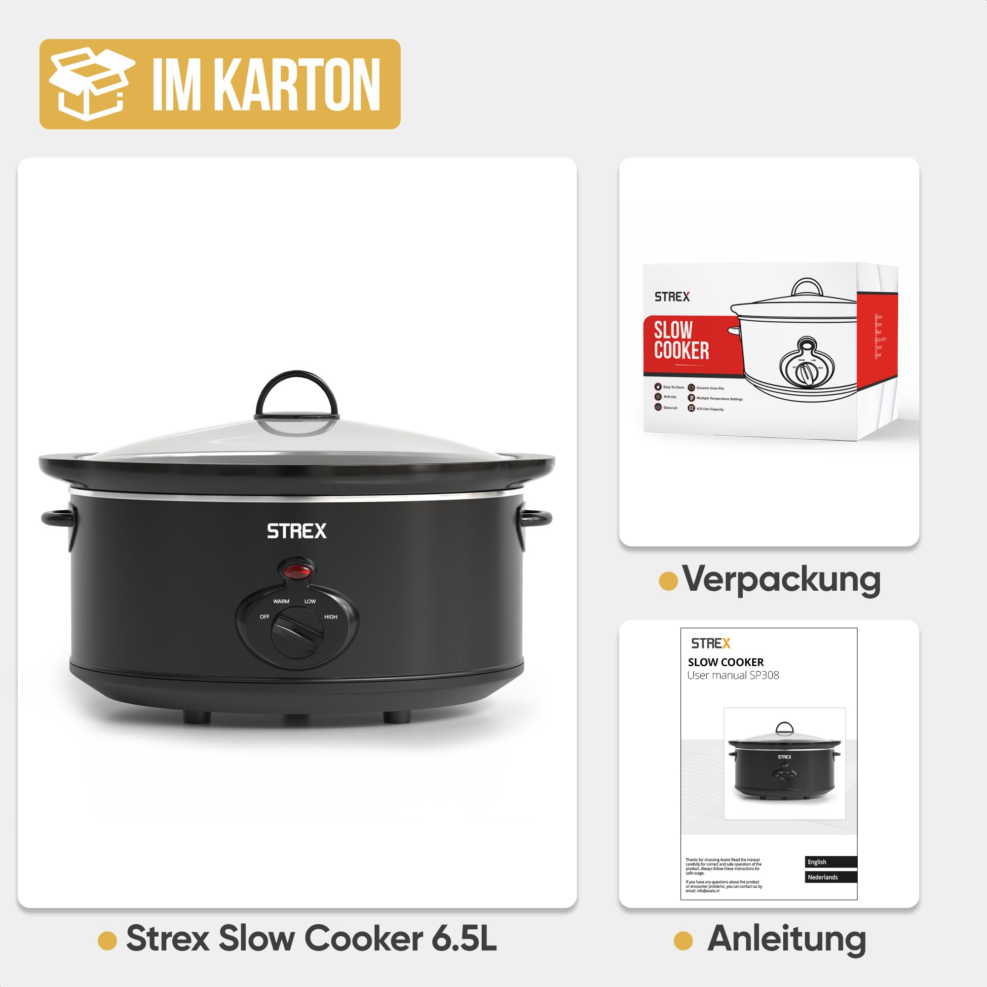 Strex Schongarer Slowcooker 6.5L - Herausnehmbarer Keramik-Innenbehälter - Warmhaltefunktion - Slow Cooker - Schwarz