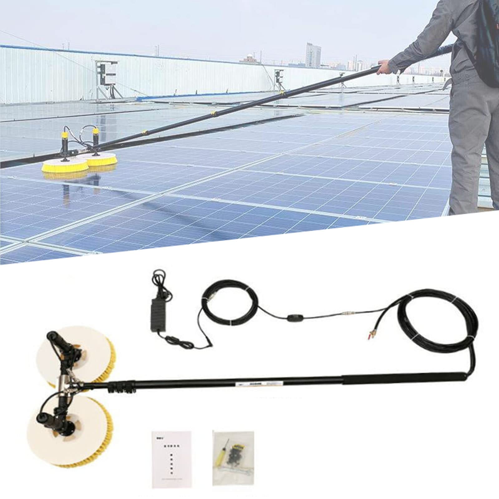 DUANHOZ Double Head Solar Panel Cleaning Brush, Handheld Solar Panel Cleaning Tool Equipment, Automatic Water Sprayer,7.5M,7.5m