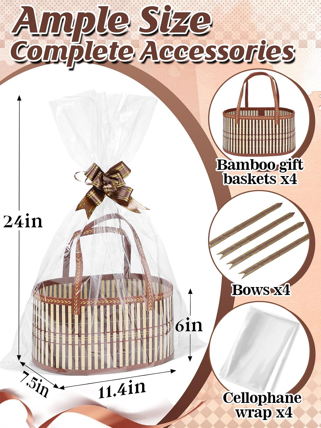 4Set Large Sturdy Bamboo Baskets for Gifts Empty - Hold 15 lbs Each, Easy to Assemble, Rustic Gifts Wrapping Basket Kit for Graduations/ Mother's Day/ Birthdays/ Baby Shower/ Wedding/ Housewarming