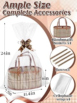 4Set Large Sturdy Bamboo Baskets for Gifts Empty - Hold 15 lbs Each, Easy to Assemble, Rustic Gifts Wrapping Basket Kit for Graduations/ Mother's Day/ Birthdays/ Baby Shower/ Wedding/ Housewarming