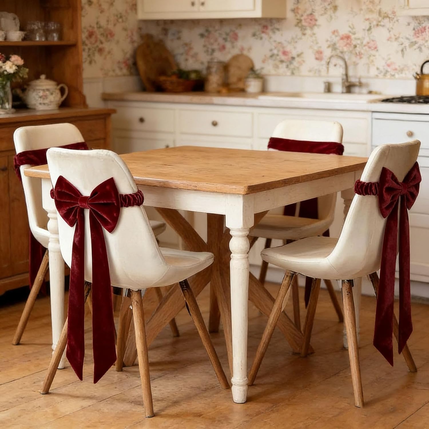 Elastic Bow Chair Cover, Velvet Burgundy Red Backrest Straps Christmas Decor, Chair Slipcover for Wedding, Banquet, Party, Fit Household Hotel Holiday Christmas Decorations (6)