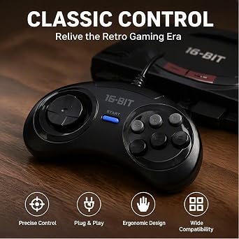 Sxhlseller 16 Bit Game Controller for Genesis, Small Ergonomic Gamepad with 9 Pin Connector, Plug and Play Console Accessory Featuring Turboboost Functionality