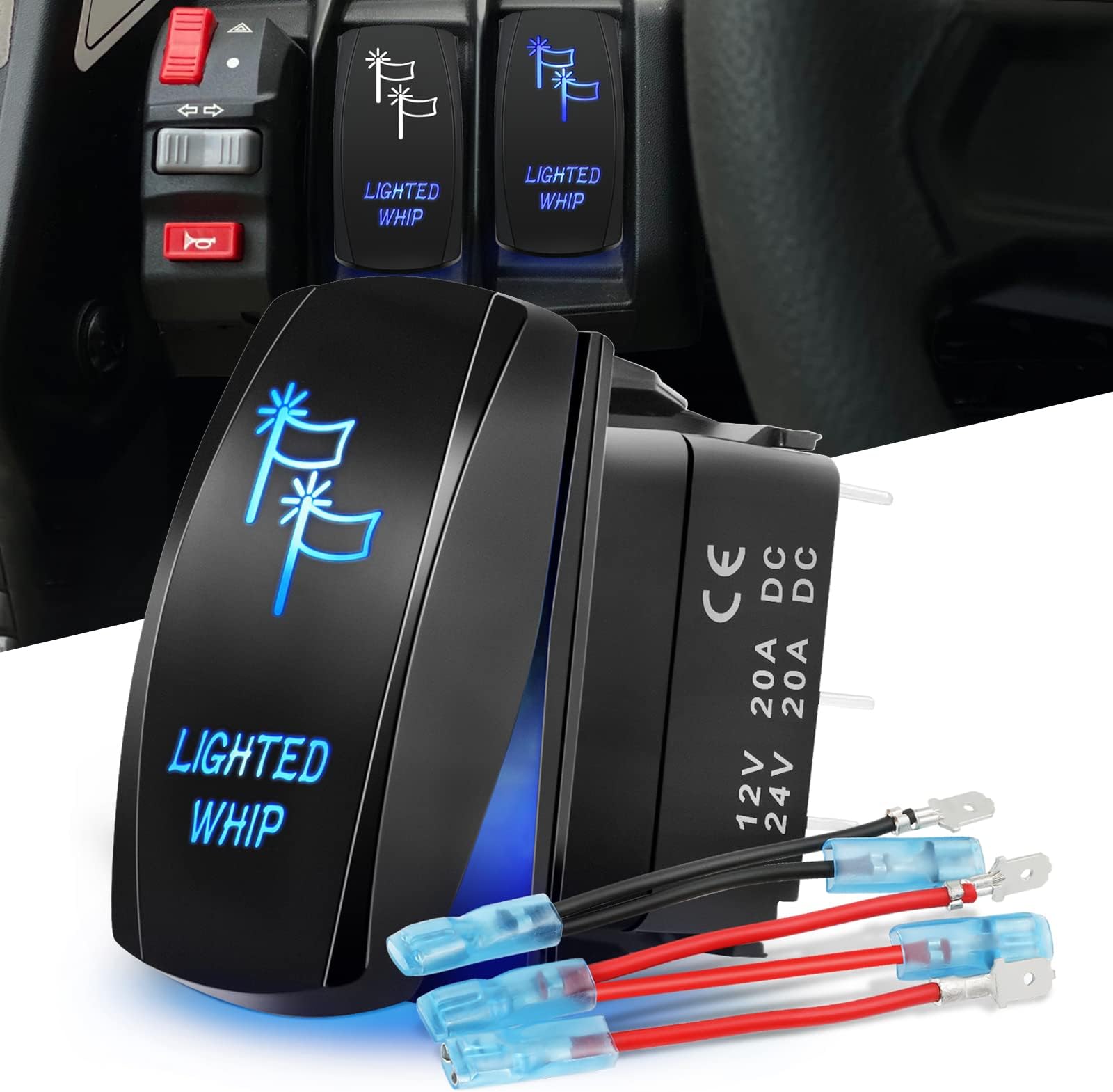 Nirider Light Whip Rocker Switch Blue 5Pin On/Off Light Bar Toggle Switch with Jumper Wires Waterproof Lighted Antenna LED Whip Light Switch for UTV Side by Side RZR ATV Golf Cart Truck