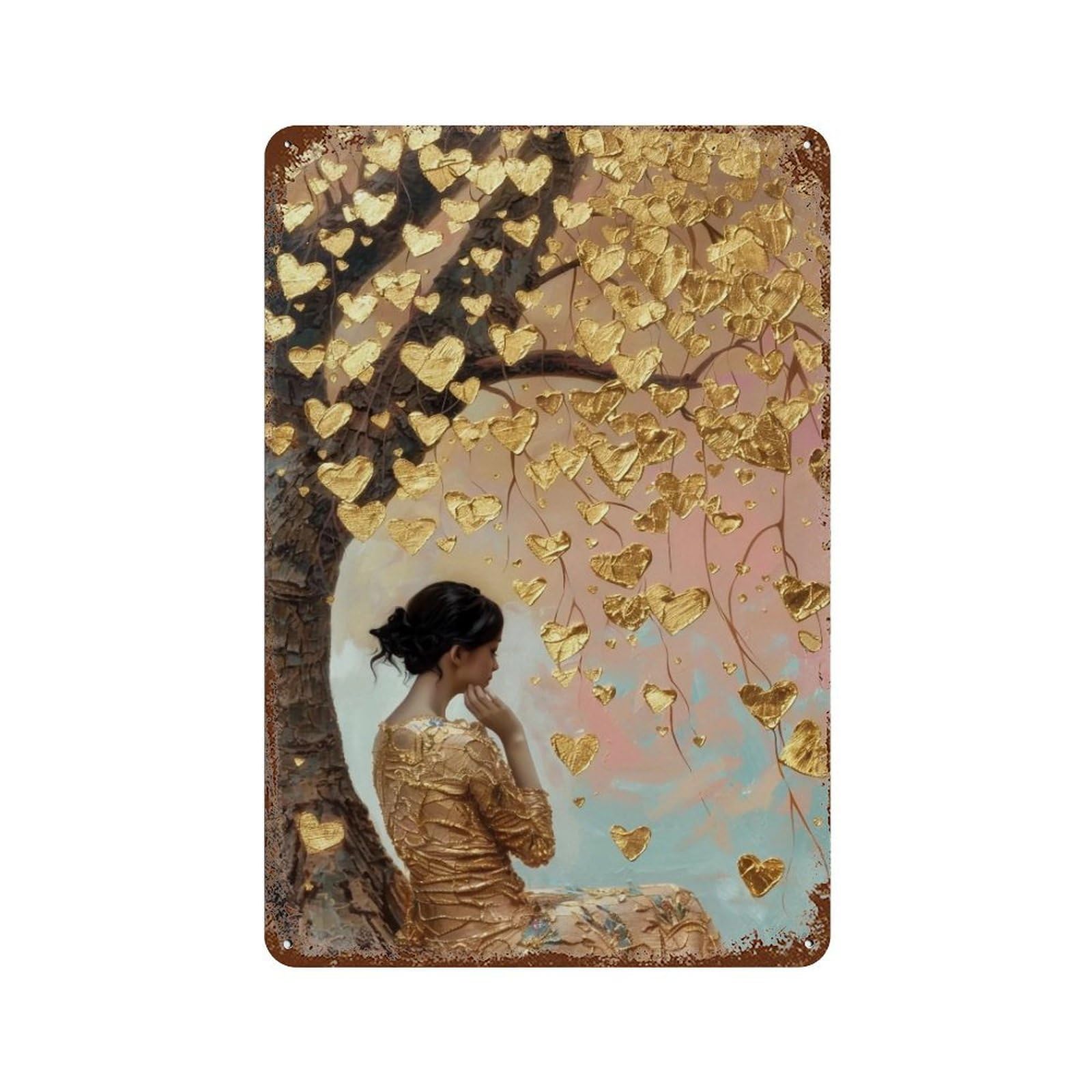 WUJHGRSG Impasto Gilded Heart Tree Lady 01 Wall Art Retro Iron Vintage Metal Tin Sign Poster Modern Decor for Home Cofffee Club Bar Shop Style 30x20cm