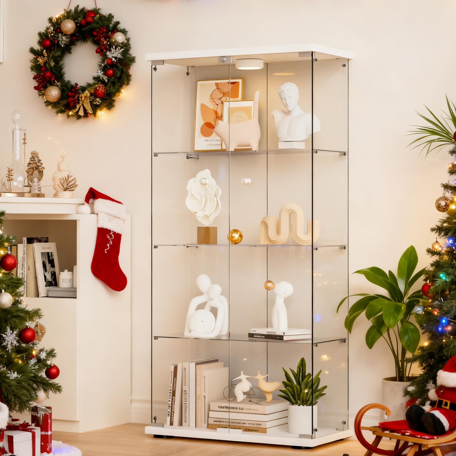 Glass Display Cabinet 4-Shelf 2 Doors with LED Push Light Lockable Glass Display Case with 4mm Tempered Glass Floor-Standing Bookshelf for Bedroom, Living Room, White