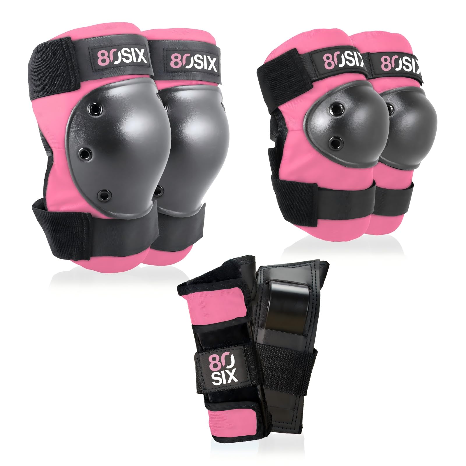 80SIX Kids & Adults Knee Pads Elbow Pads Wrist Guards 6 in 1 Protective Gear Set for Skateboard, Bike, Motorbike, Scooter, Roller Skates, Inline Skates & BMX Bike Multi-Sport, Pink S/M