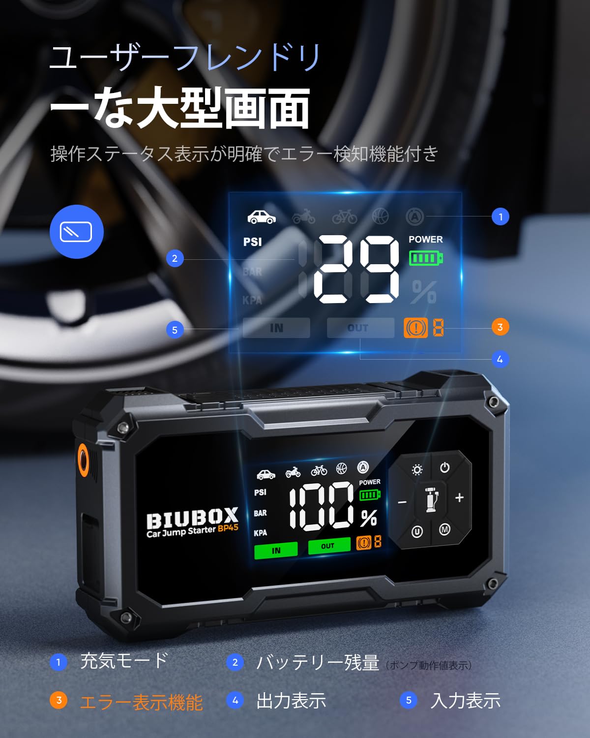 Amazon | 8500A ジャンプスターター 空気入れ 12V BiuBox 車用 150PSI
