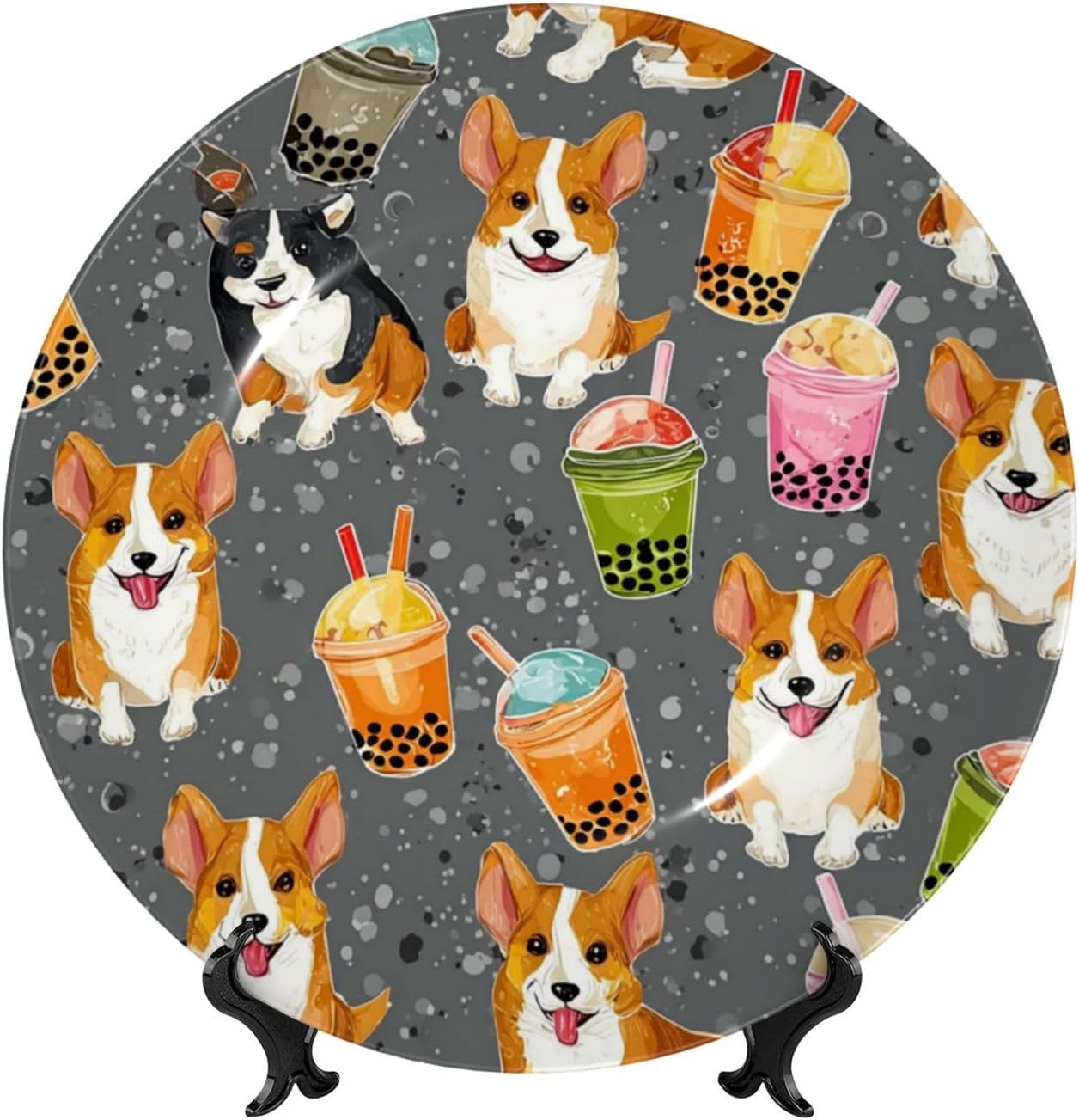 Decorative Plate 10in Bone China Dessert Plates with Display Stand Ceramic Ornament Ceramic Cute Corgi Decorative Plates Art Crafts Porcelain Plate for Home Club Living Room