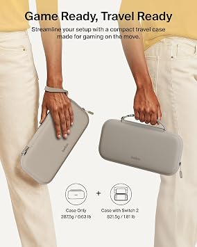 Belkin Nintendo Switch 2 Case, Travel Bag w/AirTag Holder & Storage Pocket for Up to 12 Game Cards - Portable, Lightweight Carrying Case w/Hard Shell, Soft Interior, Switch 2 Accessories - Sand