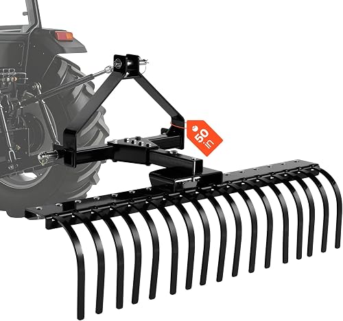 VEVOR 50 in Lanscape Rock Rake, 3-Point Tow Behind Landscape Rake with 17 Steel Tines, Fit Category 1 Tractors, Angle Adjustable, Heavy Duty Lawn Dethatcher Rake for Grass Branch Debris