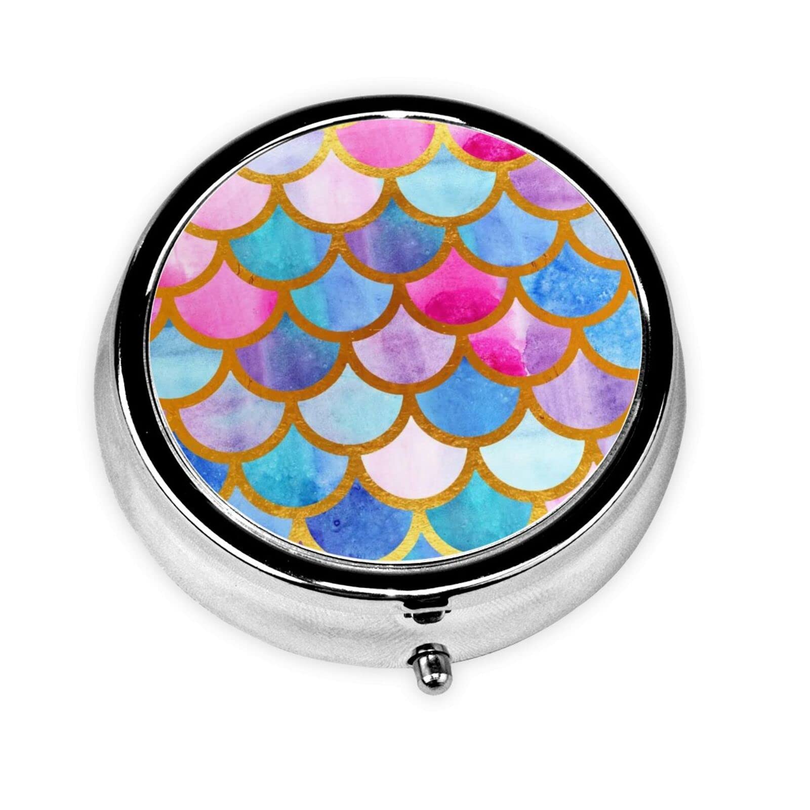 Mermaid Scale Pink Pill Box for Women Men 2 Inch Round Travel Metal Pill Box for Pocket Wallets Purse Daily Portable Large Compartments Storage Pill Box Personlized Lids
