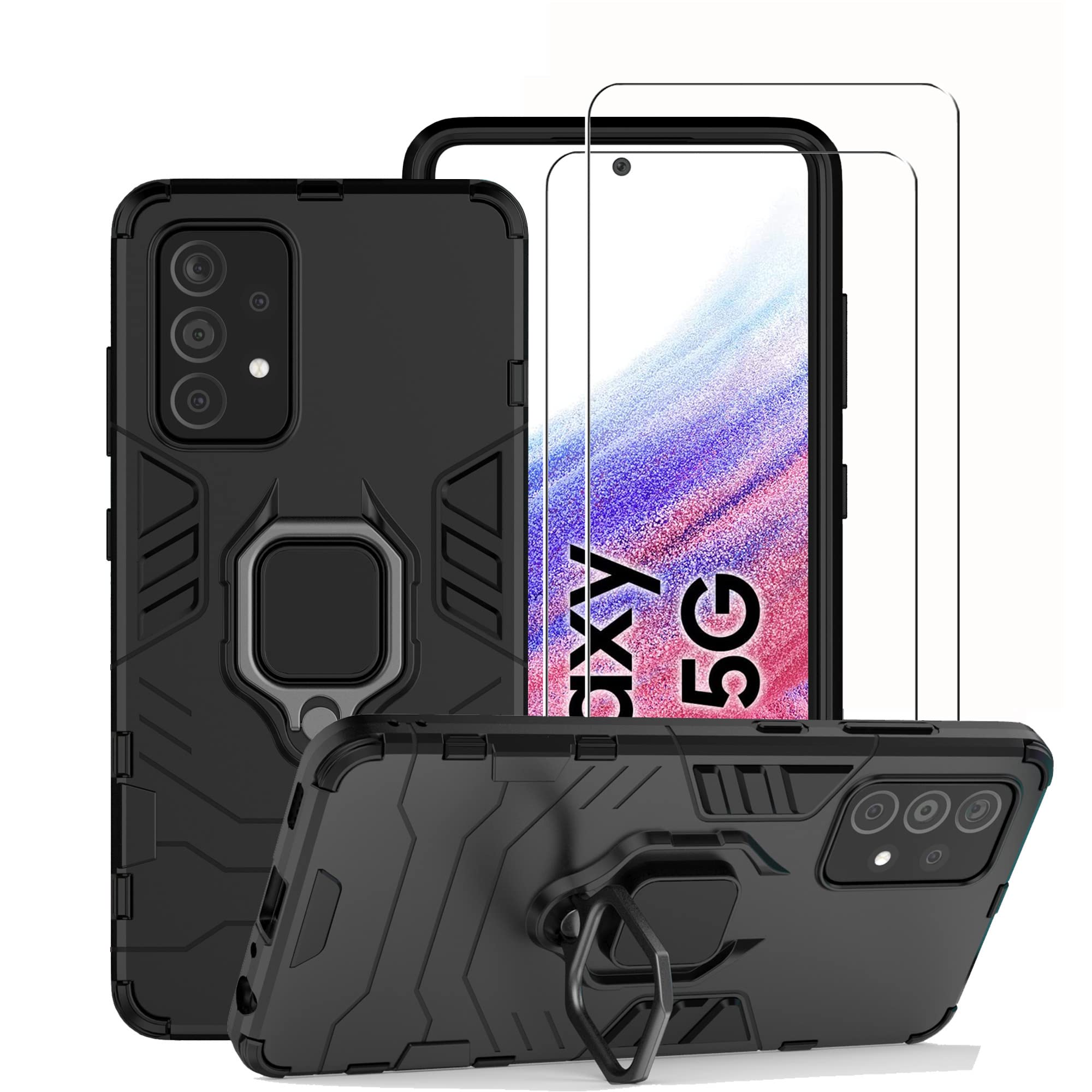 ZMONE Phone Case for Samsung Galaxy A53 5G Case with Glass Screen Protector [2 PACK] Heavy Duty Dual Layer Military Grade Shockproof Protective Cover with Magnetic Ring Kickstand - Black