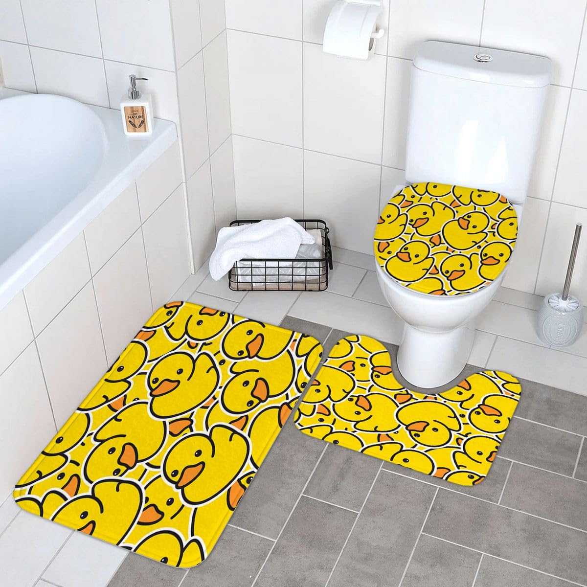 Ansouyi 4Pcs Bathroom Shower Curtain Sets with Non-Slip Rugs, Toilet Lid Cover and Bath Mat, Yellow Cartoon Duck Durable Waterproof Shower Curtain for Bathroom Set, 72x72 Inch