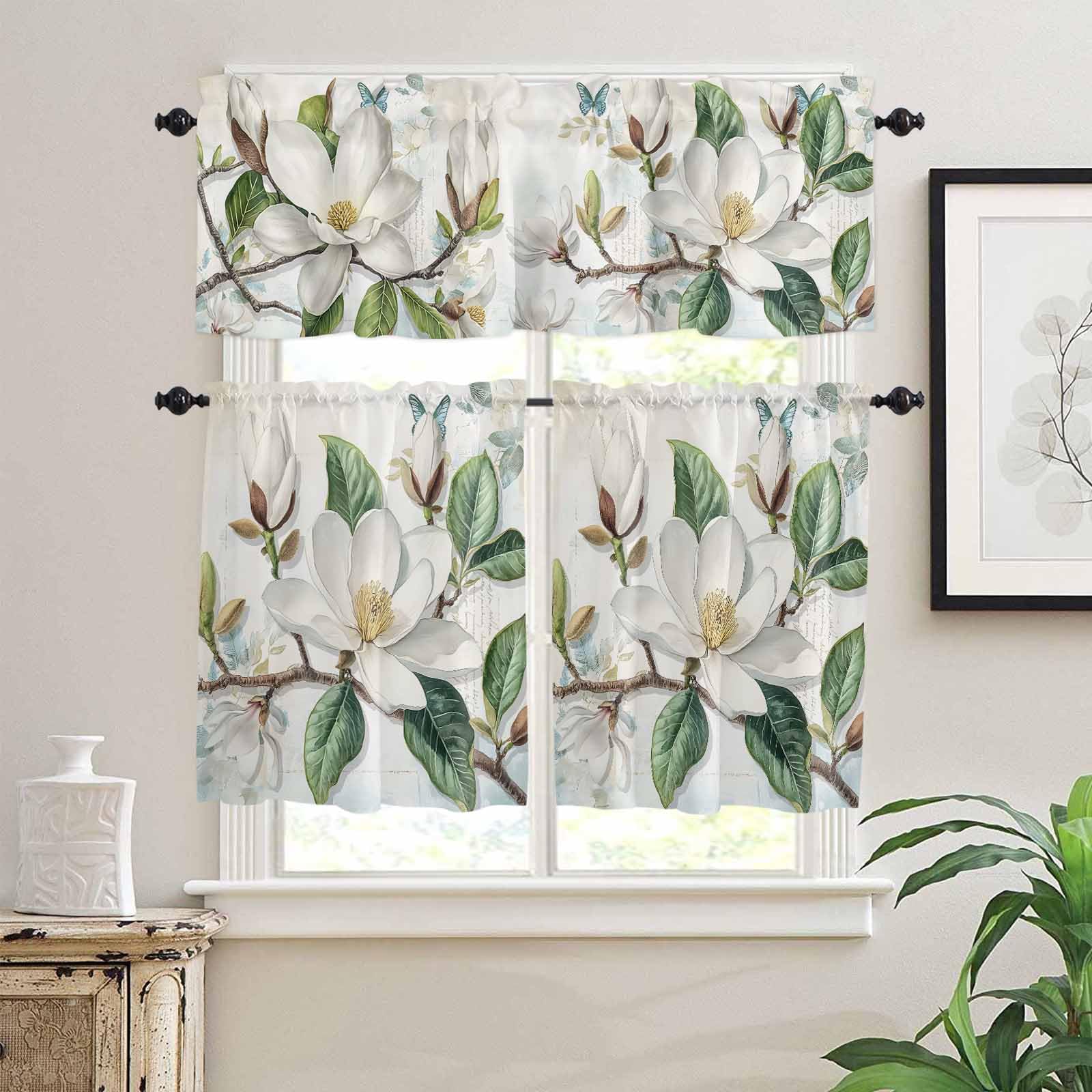 White Floral Kitchen Curtains 36 Inch Length,3 Piece Rod Pocket Small Half Tiers and Valance Set,Botanical Magnolia Flower Leaves Butterfly Small Large Window Treatment Decor for Bedroom/Bathroom