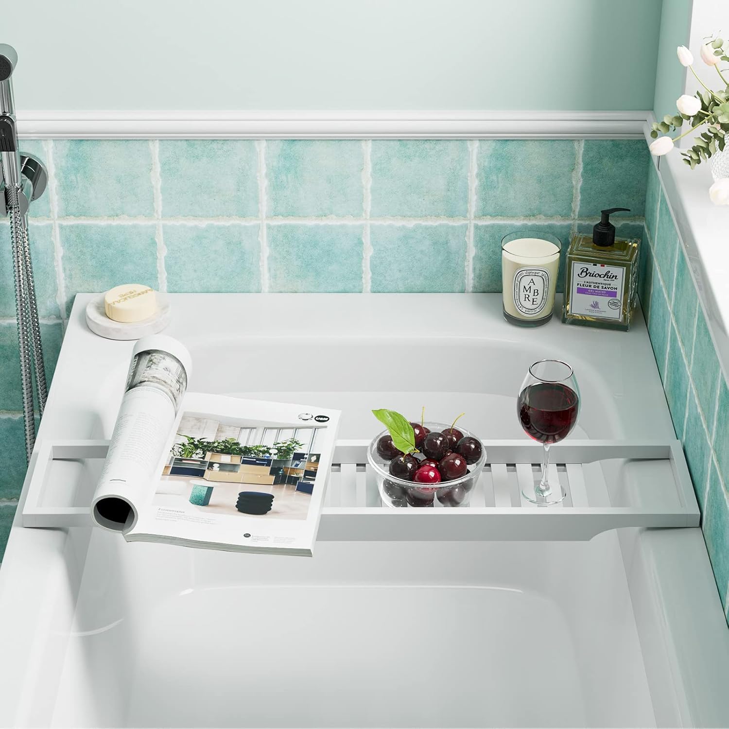 Bandejas de baño de bambú para bañeras estrechas, bandeja de accesorios resistente al agua para velas, teléfono, copas de vino, organizador de estante de ducha, color natural