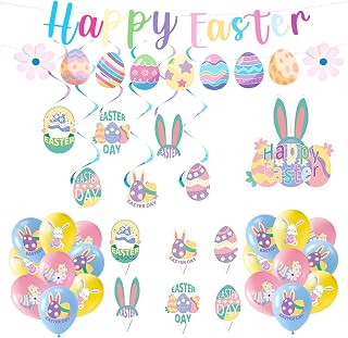 Swirling Hanging, Easter Decorations Set, Happy Easter Banner with Bunny Eggs Theme, Large & Small Cake Toppers, 18 Pcs 12 in Balloons, Colorful Decor for Holiday Party