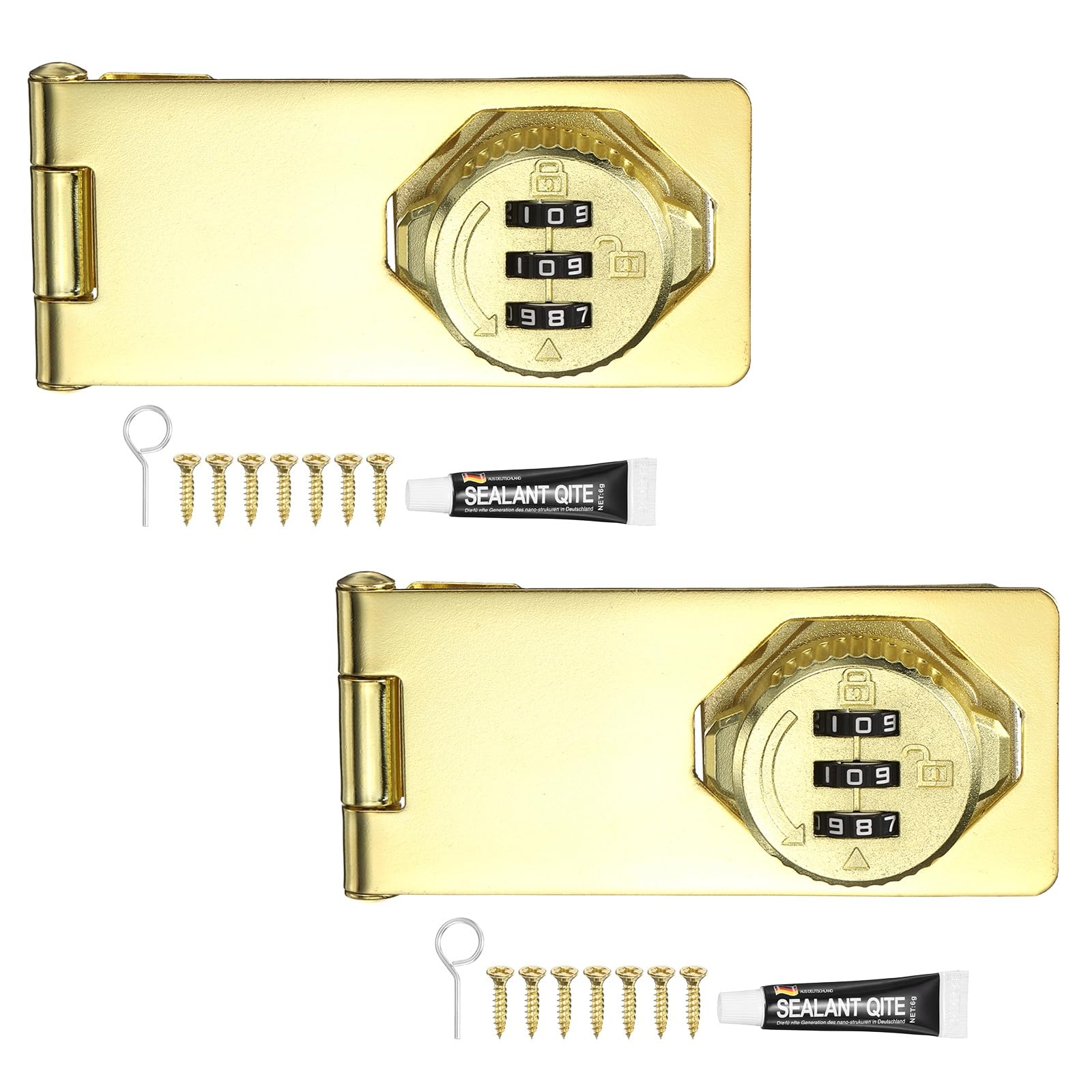 PATIKIL Password Rotary Hasp Locks (110mm, Gold) (2Pcs), Keyless 3-Digit Cabinet Locks with Combination Security Slide Latch, Suit for- Door/Closet/Barn/Bathroom/Outdoor/Garden