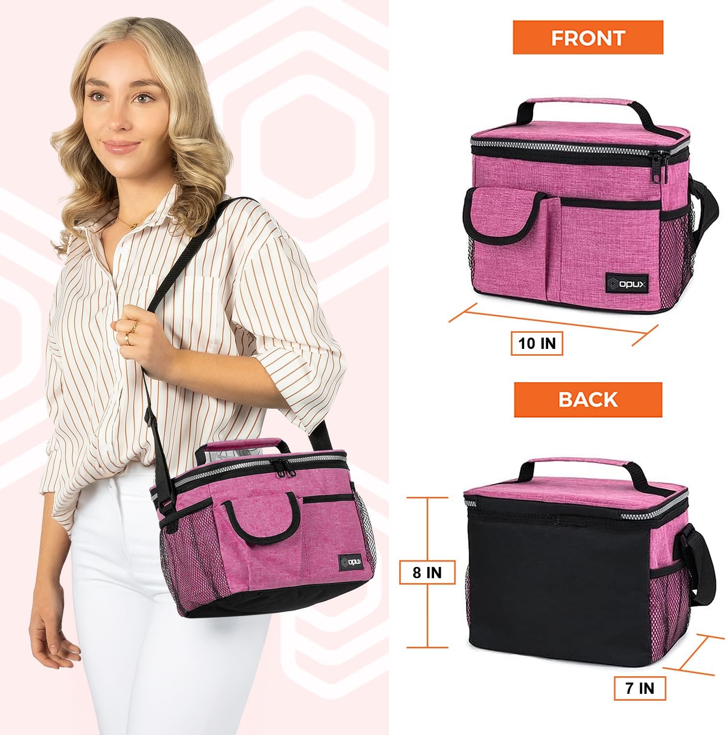 opux Insulated Lunch Bag for Men Women, Leakproof Heather Pink Lunch Box for Work, Portable Soft Lunch Cooler Bag with Shoulder Strap, Adult Lunchbox Lunch Pail for Kid Boy Girl School, 14 Can/8L - Image 3