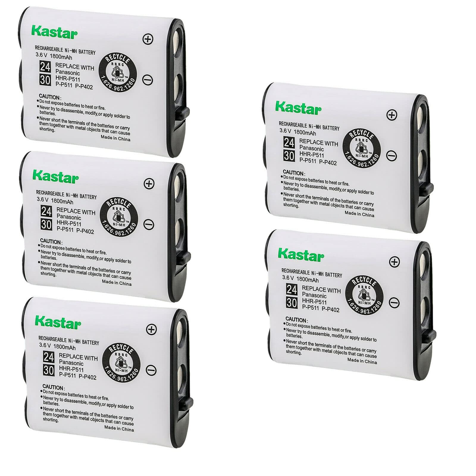Kastar 5-Pack Battery Replacement for Panasonic KX-TGA270 KX-TGA270S KX-TGA273 KX-TGA273S KX-TGA290 KX-TGA290B KX-TGA510 KX-TGA510M, MURAPHONE HHRP402