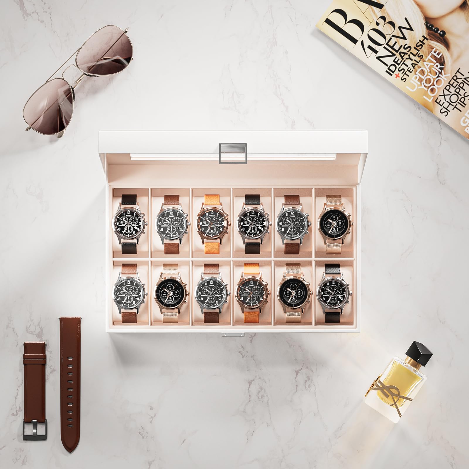 Porta Orologi In Legno Per 12 Orologi - Con Vetro E Cuscini Regolabili - Foto 12