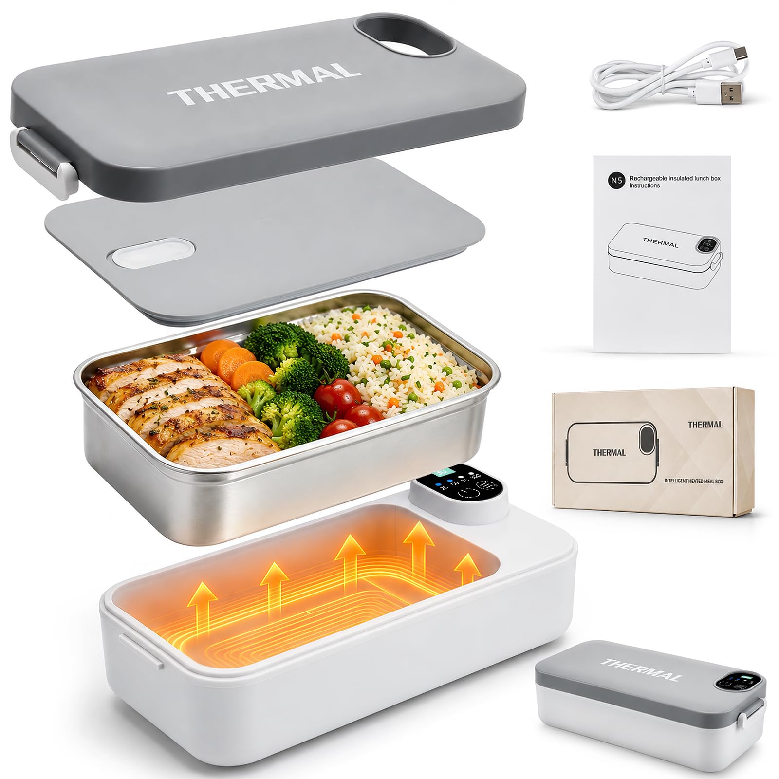 Fiambrera eléctrica con batería de 7200 mAh, fiambrera térmica de 900 ml para comida caliente, USB-C Heatbox acero inoxidable, sin BPA y antiadherente, caja bento reutilizable para trabajo