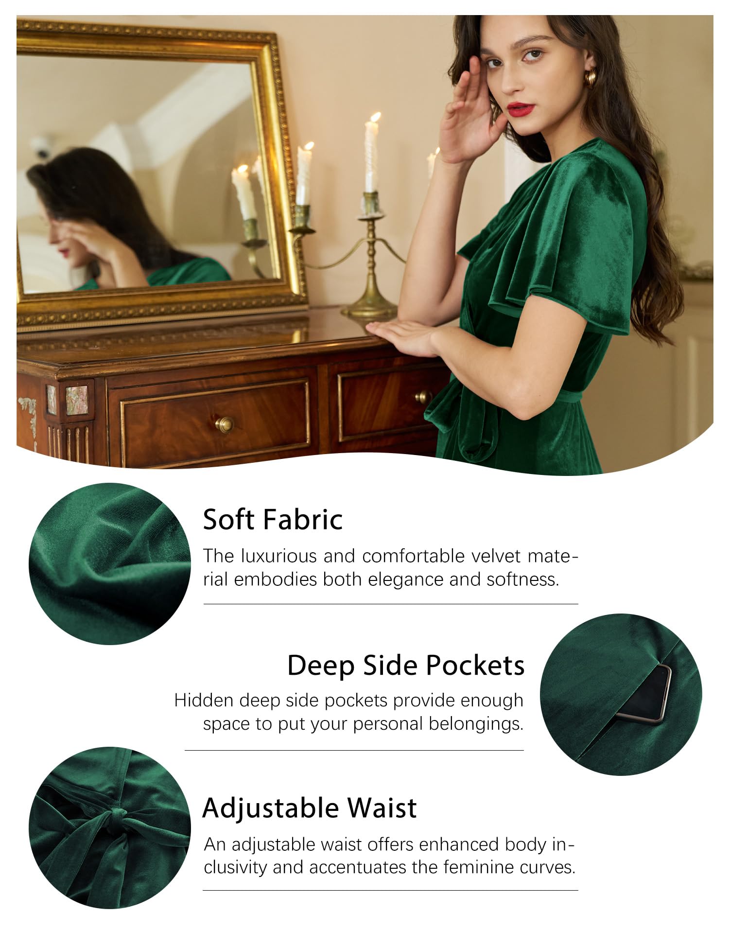 Olaesa Robe longue en velours pour femme avec col en V et poches pour invitées de mariage, automne, maternité