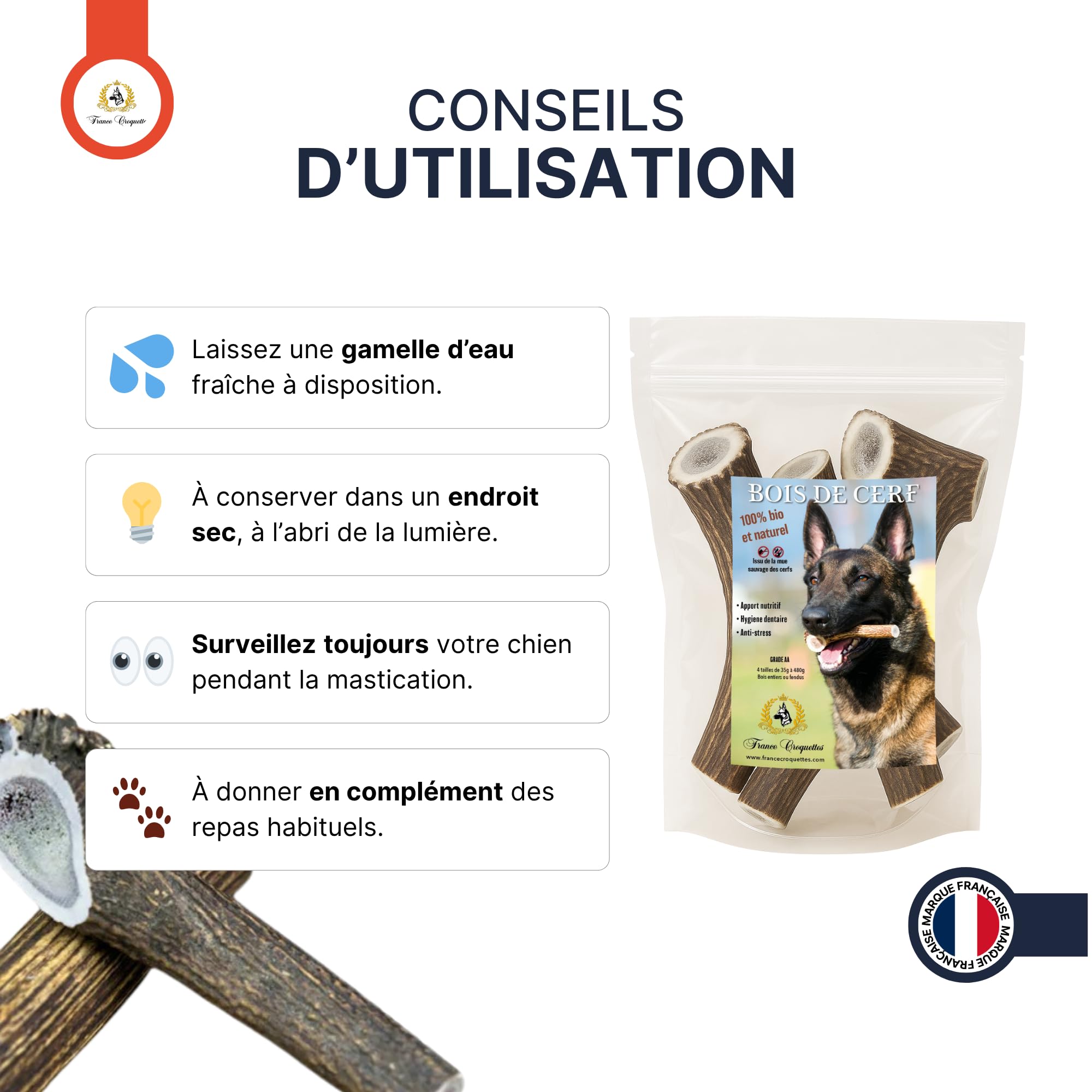 Bois de Cerf XXL Entier 200-300 g pour Chien Moins de 50 kg, friandise Naturelle à mâcher Longue durée, Soin Dentaire mécanique, Occupation & Plaisir, 100% Bois de cerf Naturel