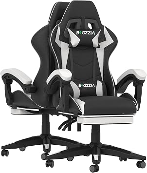 Gaming Chair with Footrest, Ergonomic Computer Game Chairs, Headrest and Lumbar Support, Adjustable Height, Reclining, Racing Style, and 360 Swivel Seat White