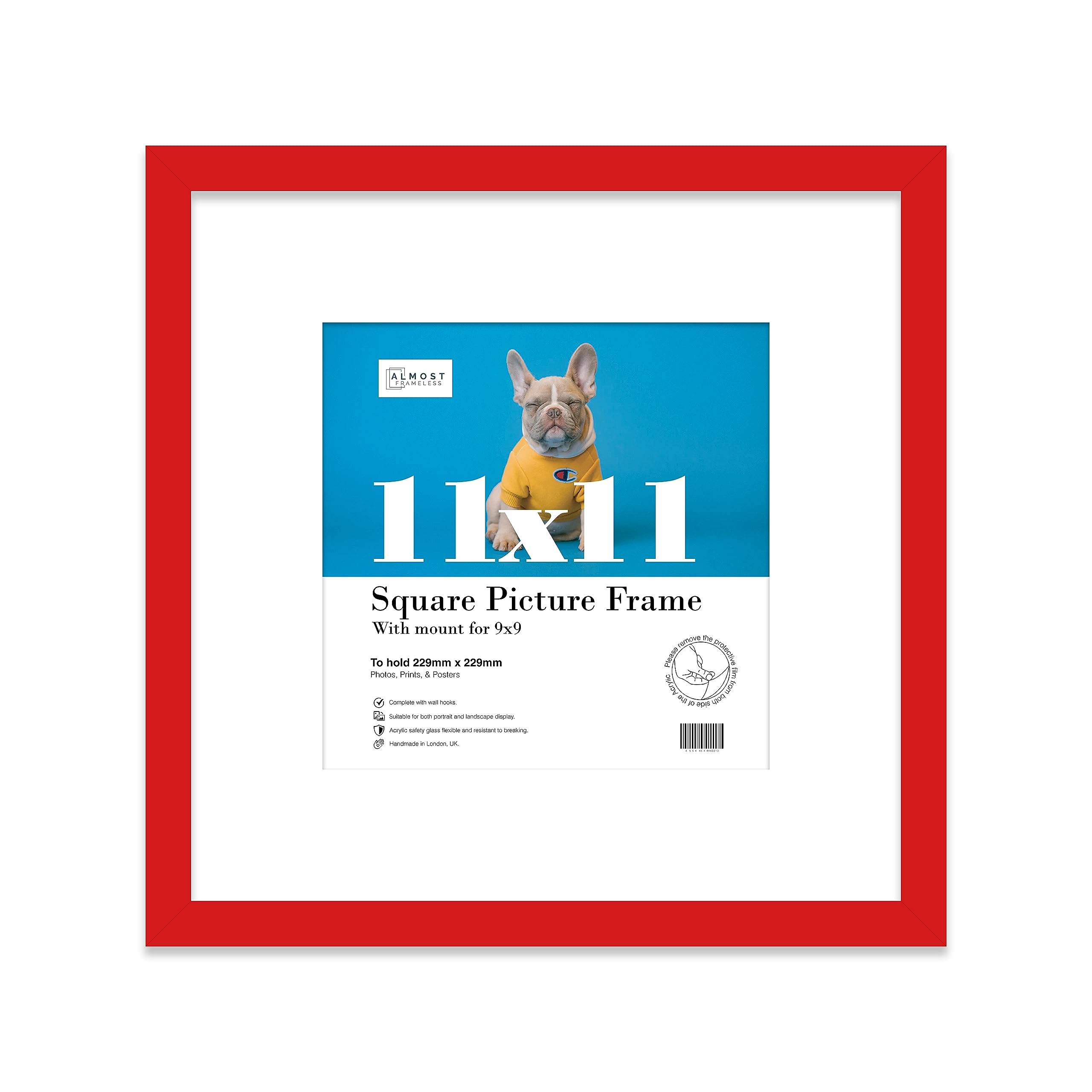Almost Frameless Red 11X11 Picture Frame With Mount For 9X9 Photos, Prints - Modern Square Wall Frame, 1 Pack