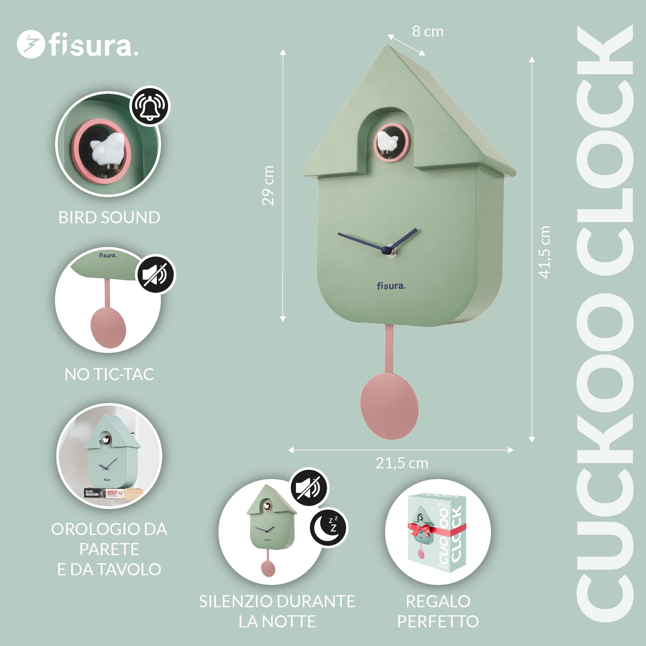 Fisura - Orologio a cucù. Orologio da parete. Orologio da parete regalo originale. 3 batterie AA non incluse. Misure: 21,5 x 8 x 41,5 cm. Plastica ABS. (Menta)