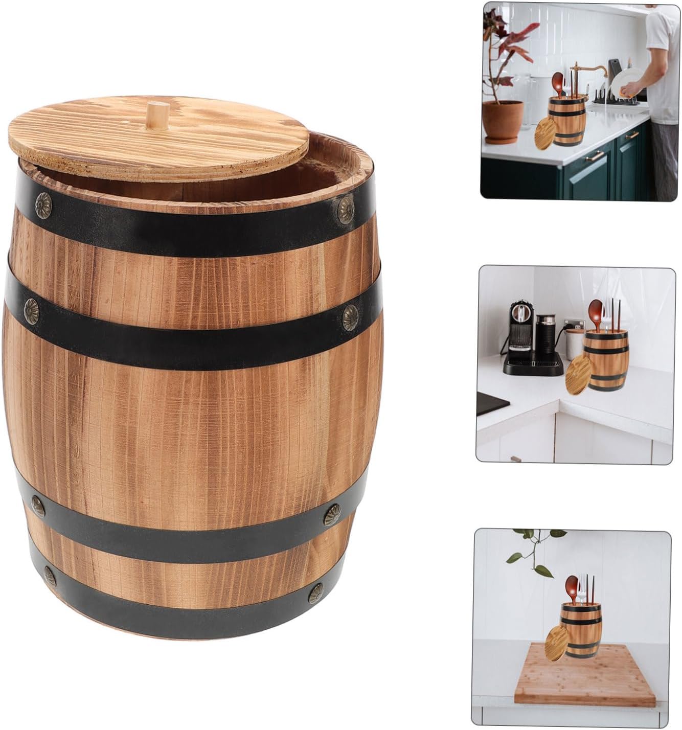 Vintage Rustic Utensil Holder Wine Barrel Shape Cooking Tool Organizer Kitchen Utensil Storage Bucket