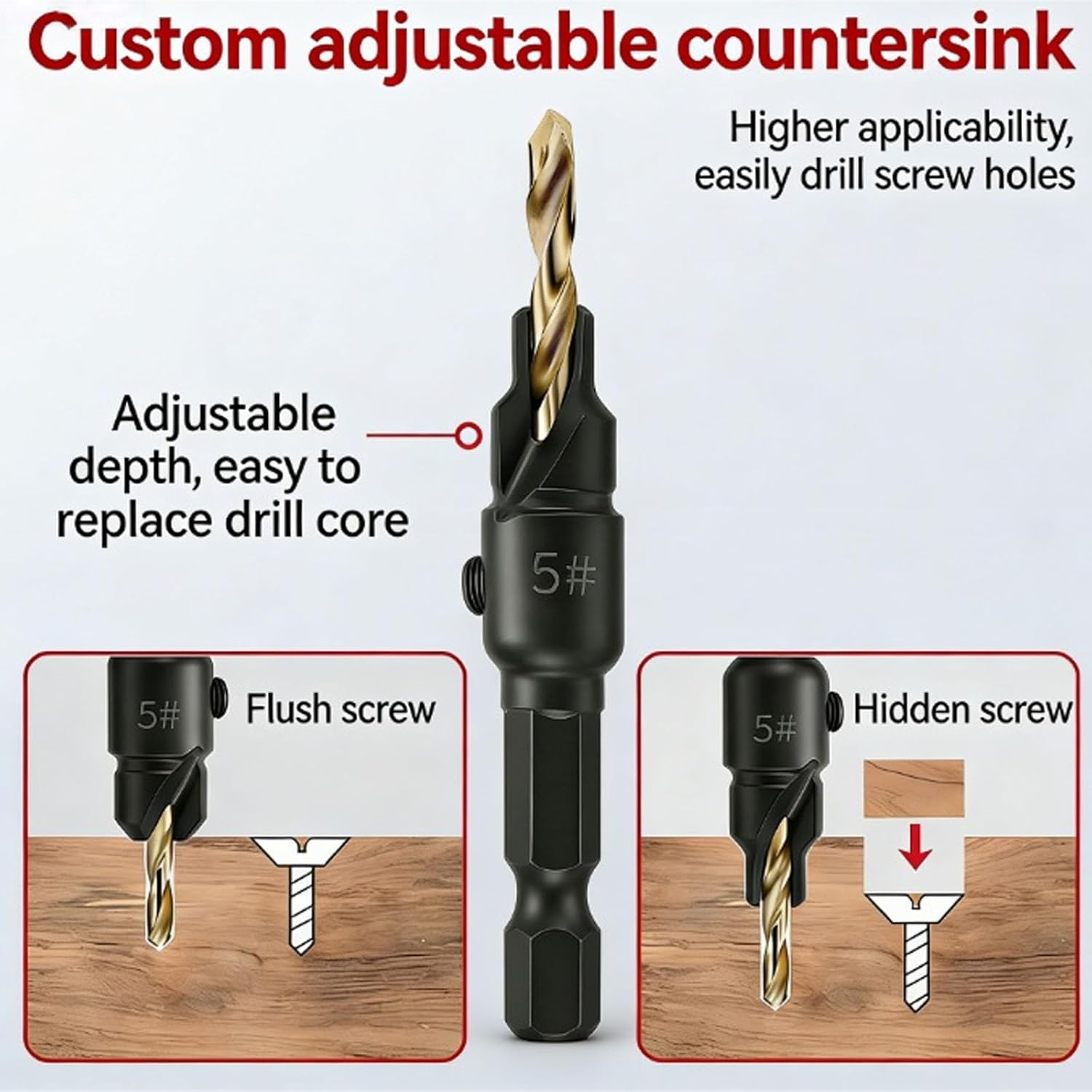 countersunk Drill bit Set, Adjustable countersunk chamfering Integrated Woodworking Drill bit Set, # 5, # 6, # 8, # 10, # 12, Suitable for Woodworking (6)