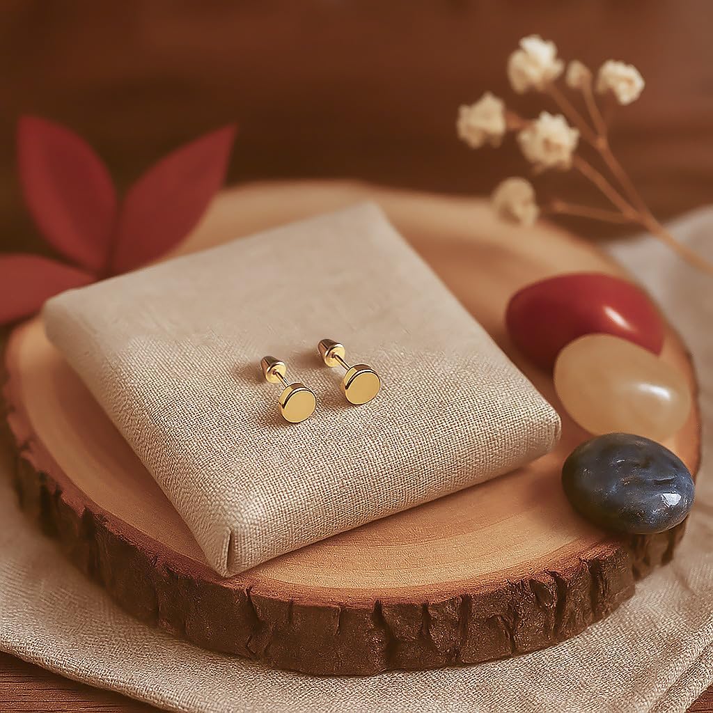 Hoberta Real 14k solid Round Yellow Gold Tiny Circle Stud Earrings with Screw back for Women And Men for Sensitive ears Small & Minimalist Dot Studs Jewelry for Valentine's Day Gifts