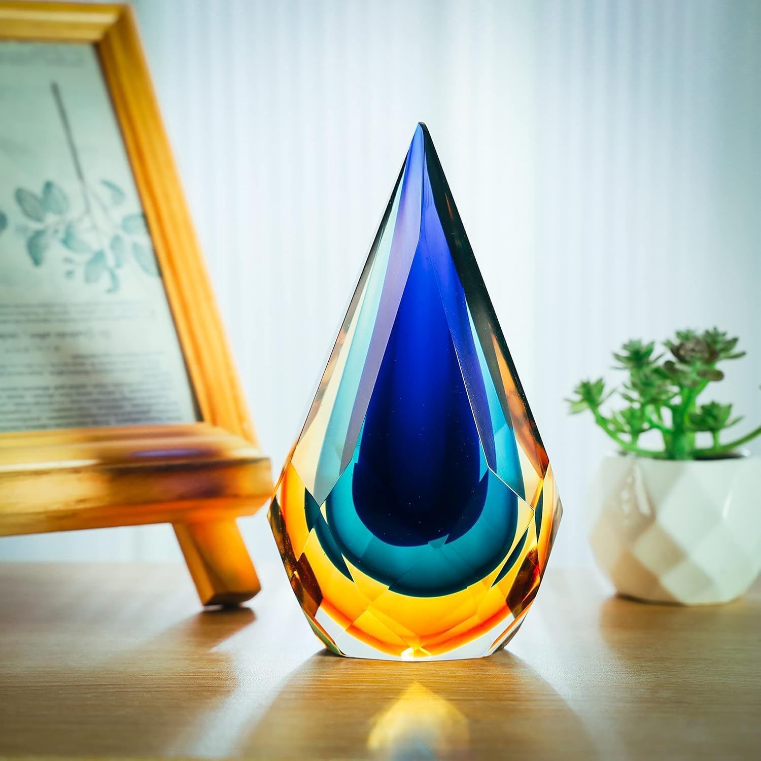 Yao Yuan Hand-Blown Glass Sculpture Glass Decor Murano-Style Glass Statue and Figurine Wonderful Gift, Blue and Green Color