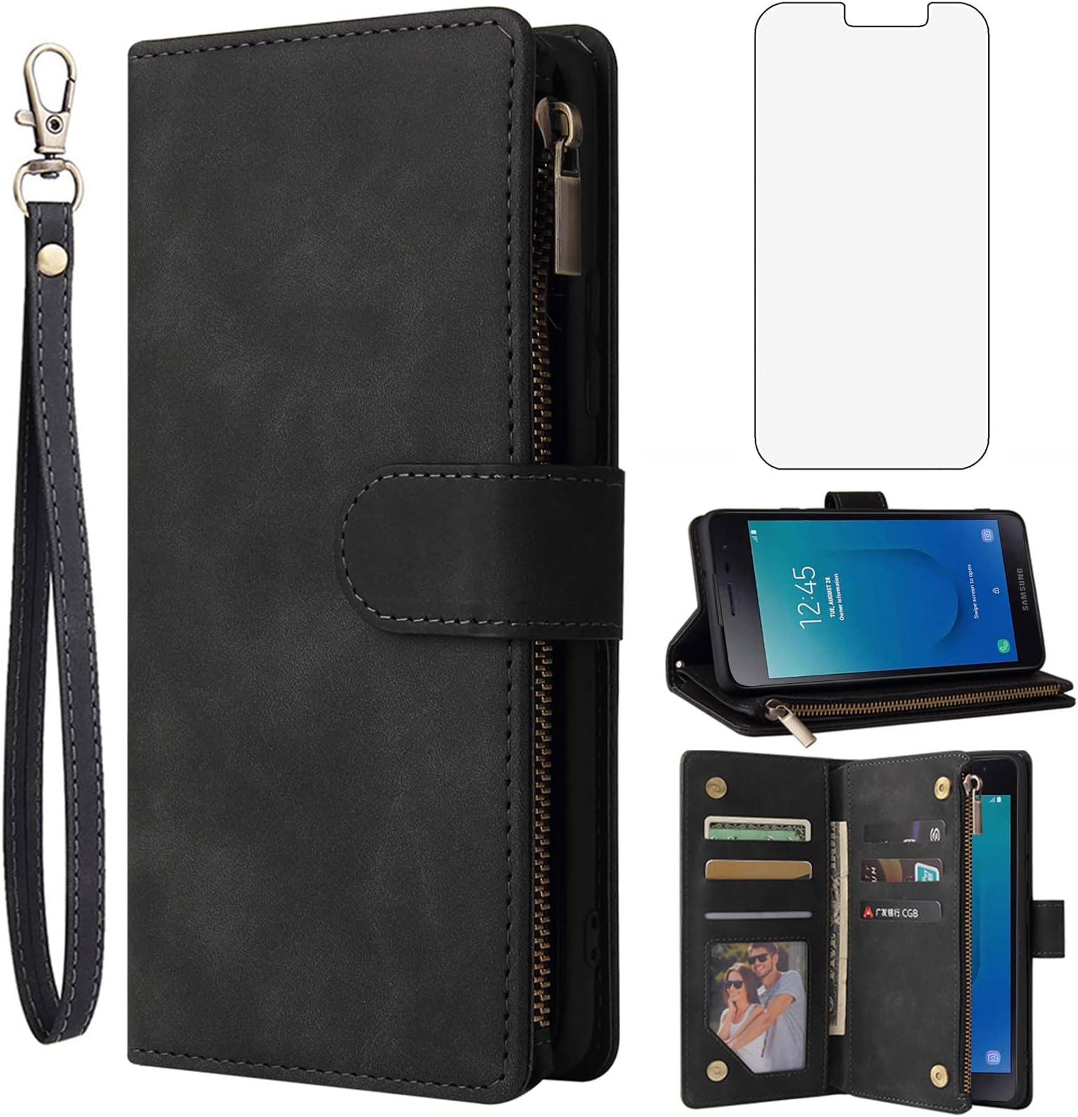 AsuwishCompatible with Samsung Galaxy J2 Pure J2 Core 2018 2020 J 2 Dash 2J Shine 2019 Wallet Case Tempered Glass Screen Protector Flip Cover Phone Cases for J2Core J2Dash J2Pure J2Shine J260A Black