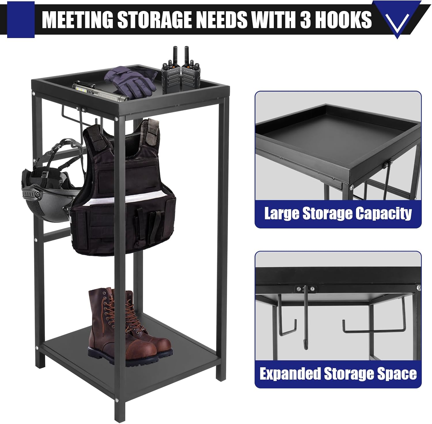 Police Gear Rack Tactical Gear Stand with 3 Hooks, Body Armor Stand 280lbs Load Capacity Police Vest Hanger, Law Enforcement Gear Holder Police Gifts