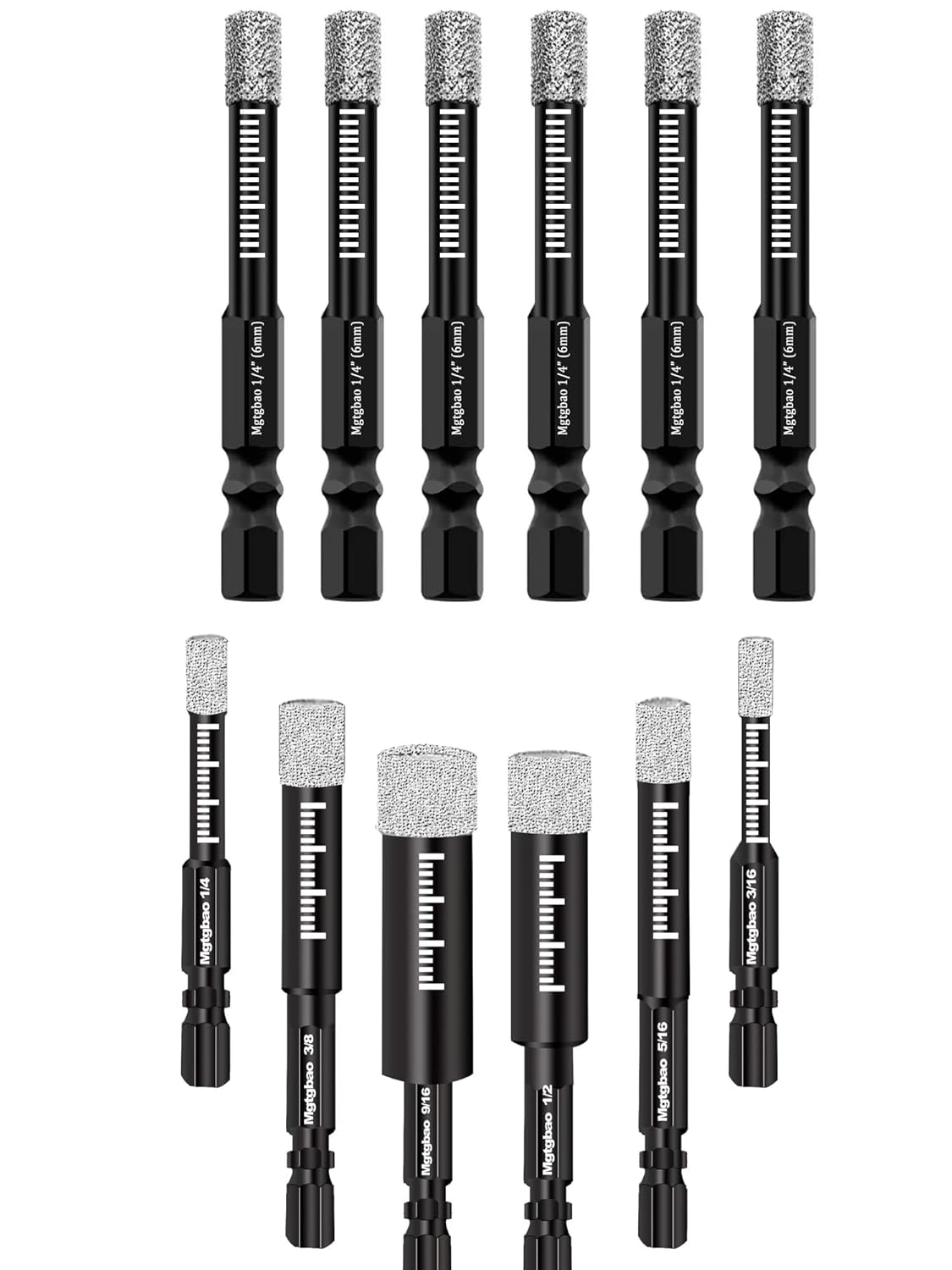 12PCS Dry Diamond Drill Bits Set, 6mm Core Drill bit for Granite Marble Tile Ceramic Stone Glass (NOT for Wood) Hex Shank for Porcelain Tile with 3/16,1/4, 5/16, 3/8, 1/2, 9/16