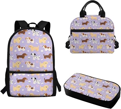 Kids 3Pcs School Backpack Set Cute Dogs Purple