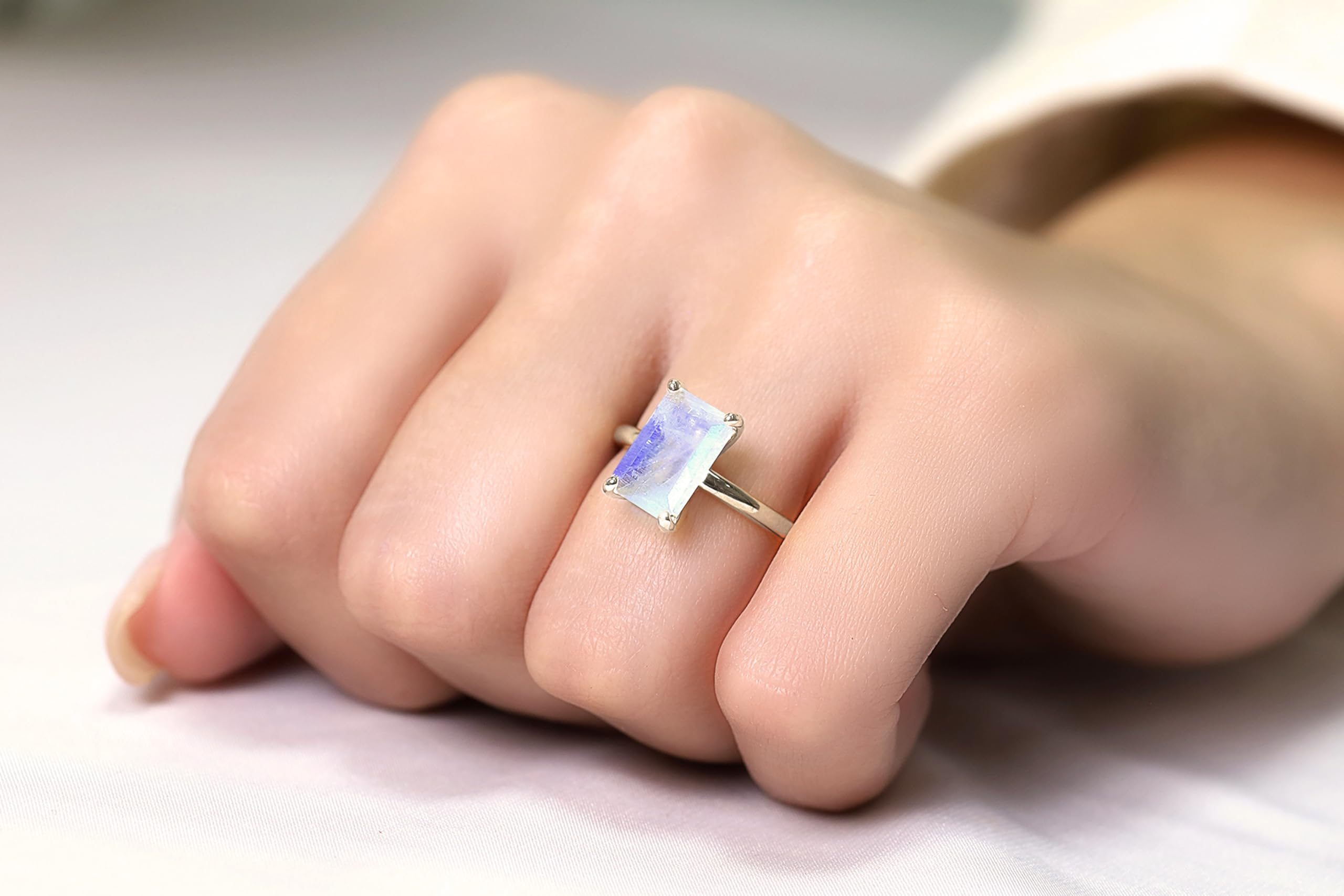 Solo anillo de Piedra de Luna del Arco Iris - Anillos Apilables Dainty para las Mujeres - Personalizable 18k Anillo de Oro Rosa - Joyería de Moda Piedras Preciosas Piedra de Nacimiento - con Caja