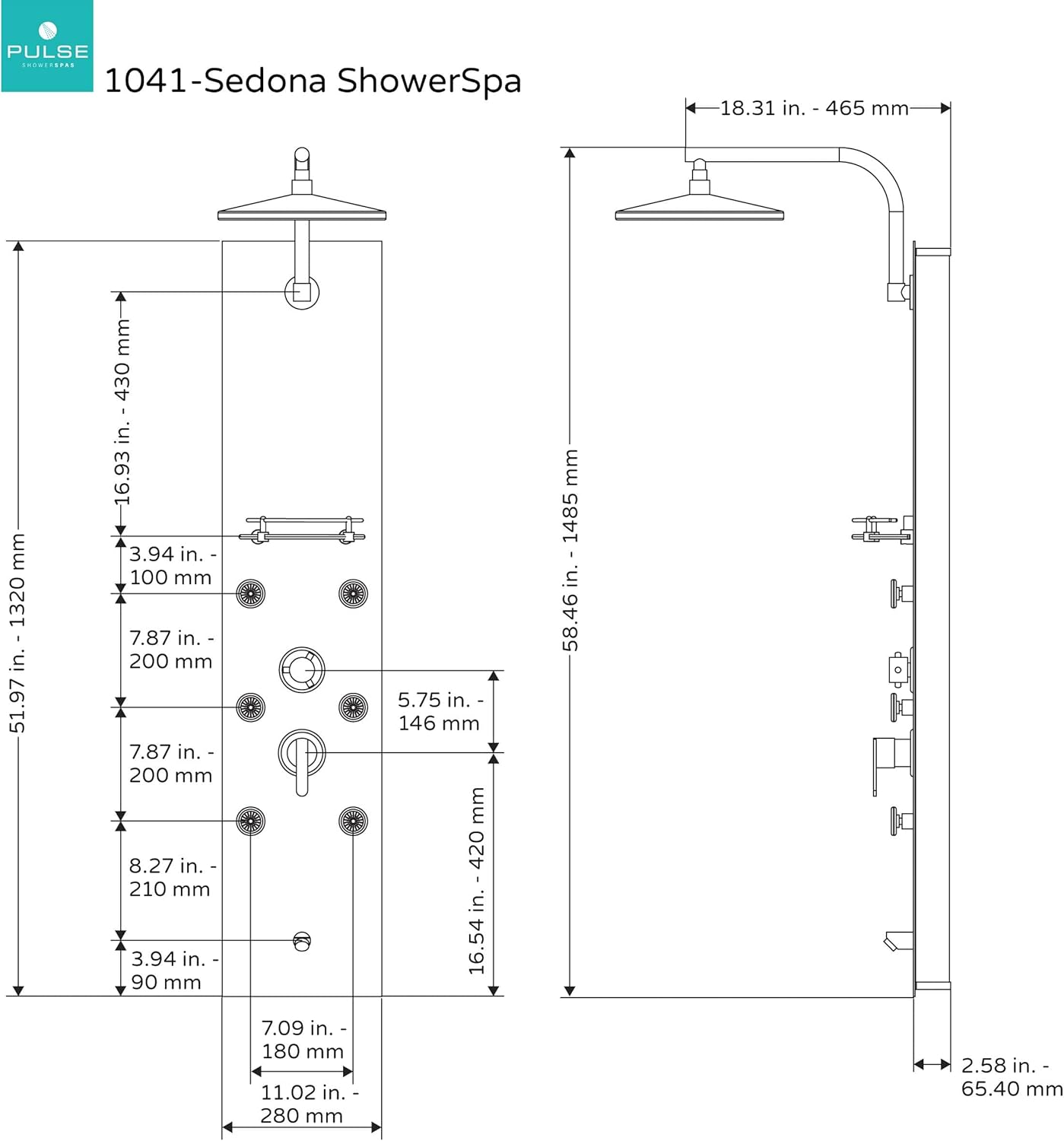 Sedona ShowerSpa Panel with 8" Rain Showerhead - Hammered Copper Finish, 2.5GPM - Rain Shower Head with Handheld Spray, 6 Silk-Spray Body Jets, Handheld Shower Head, Glass Shelf