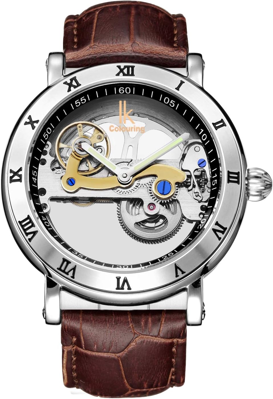Gute Luxury Steampunk Bling Automatic Mechanical Wristwatch Minimalist Gold Tone Bezel Dark Brown PU