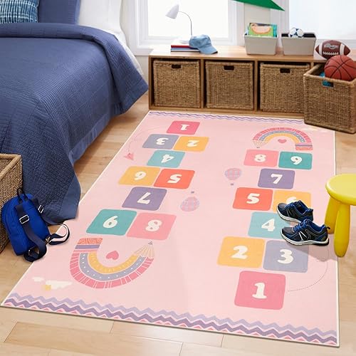 Miniatura 7 de STARUIA Alfombra grande de Hopscotch para niños para dormitorio de niños, alfombra antideslizante lavable para sala de juegos, alfombra rosa suave