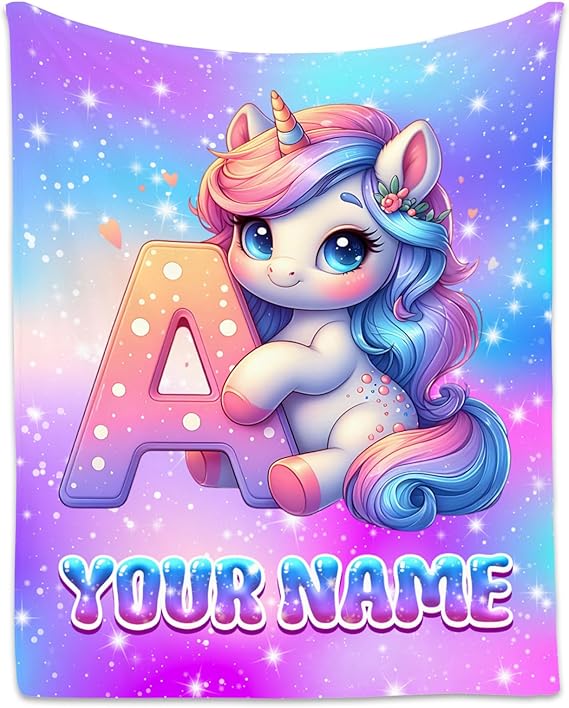 Unicorn Blanket for Kids - Personalized Girls Blankets with Name - Custom Monogram Gift for Children - Soft Flannel Initial Throw for Couch, Bed