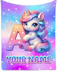 Unicorn Blanket for Kids - Personalized Girls Blankets with Name - Custom Monogram Gift for Children - Soft Flannel Initial Throw for Couch, Bed