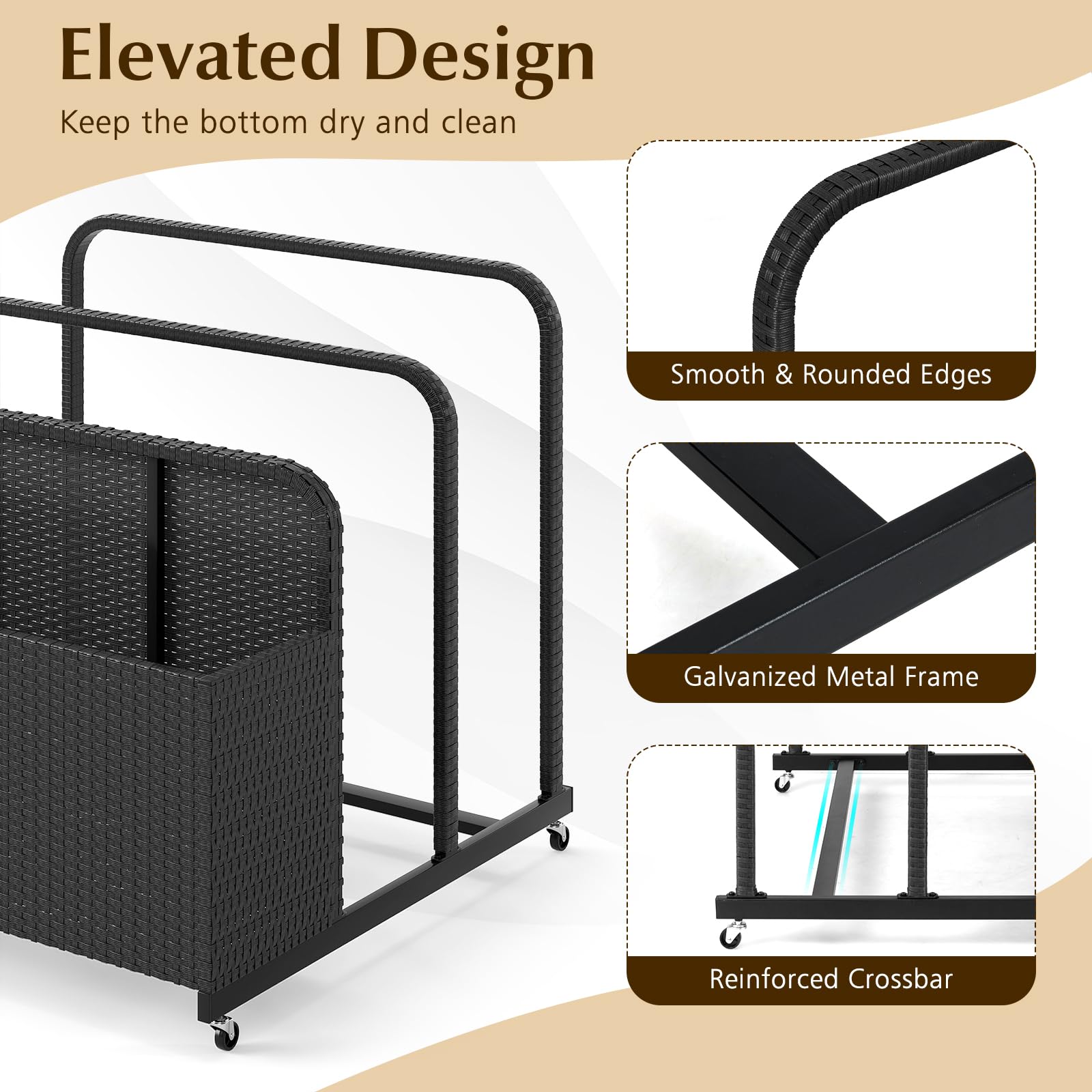 GIANTEX Carro de Almacenamiento para Piscina, Arcón Móvil con Cubo Abierto de Ratán y 2 Toalleros, 100 x 100 x 94 cm, Baúl de Exterior con 4 Ruedas para Salvavidas, Flotadores, Cojines (Negro)