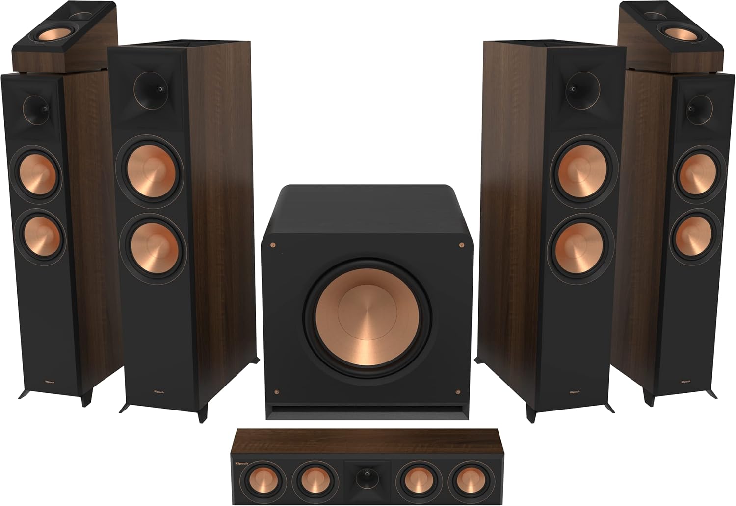 Klipsch Reference Premiere RP-8060FA II 5.1.4 Home Theater System with a Larger 90° x 90° Hybrid Tractrix Horn, 8" Cerametallic Woofers and a 16-inch RP-1600SW Subwoofer in Walnut