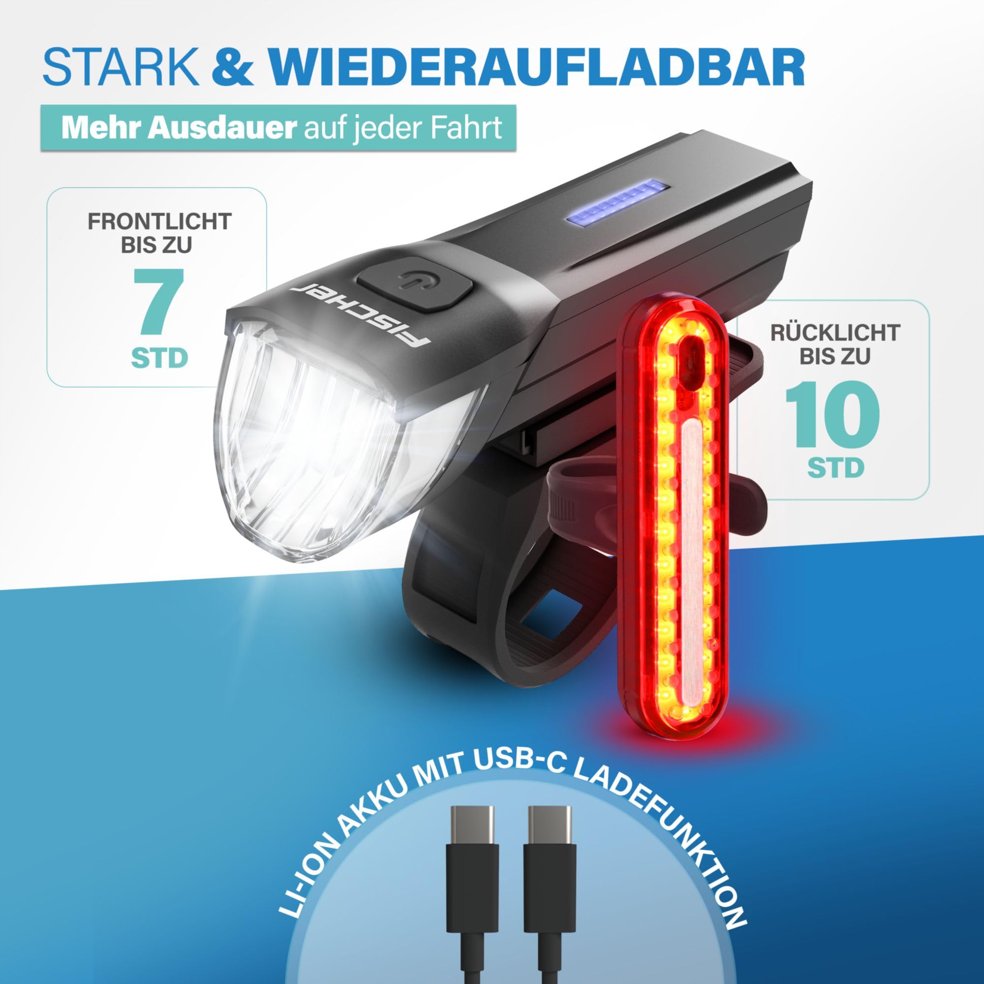 FISCHER Zestaw oświetlenia rowerowego Stop 30/15 Lux ze światłem hamowania, przednie i tylne światło, z akumulatorem i funkcją ładowania USB, 2 funkcje świecenia, ochrona przed pryskającą wodą zgodnie