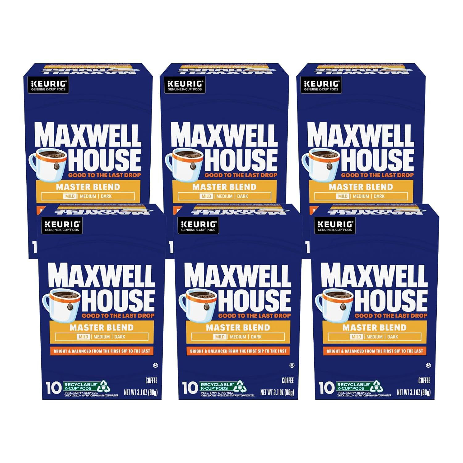 Maxwell House Master Blend Mild Roast K-Cup Coffee Pods, 10 CT (Pack of 6)