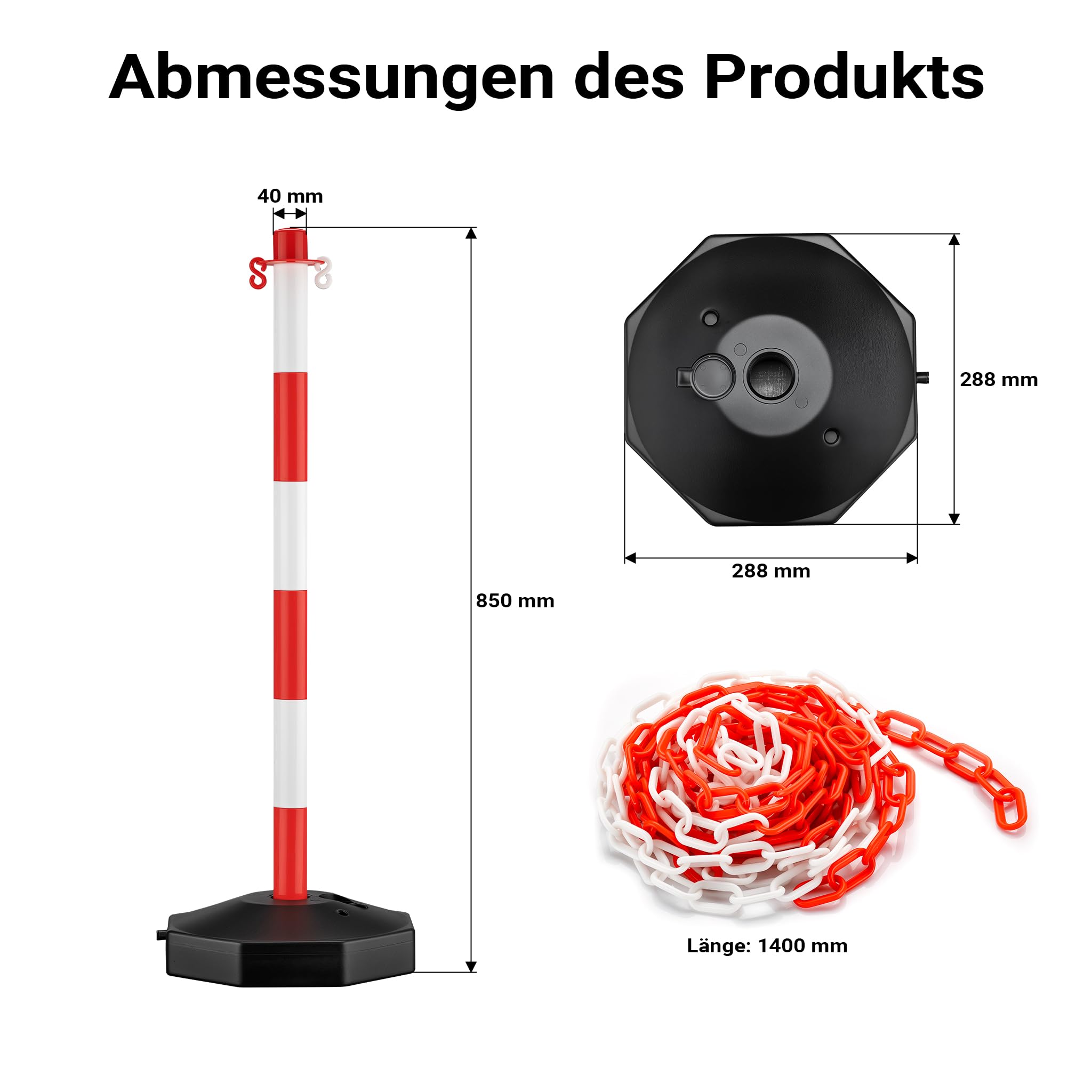Wiltec mobile Parkplatz Absperrung 80 x 28 x 28 cm, Sperrpfosten mit 1,4 m langer Kette, rot-weiße Absperrpfosten, Poller für Parkplatz sperren